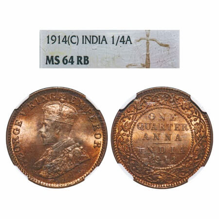 George V, Bronze, Quarter Anna, 1914, Calcutta Mint, No dot. F. Prid 660. GK 1174. NGC Sla