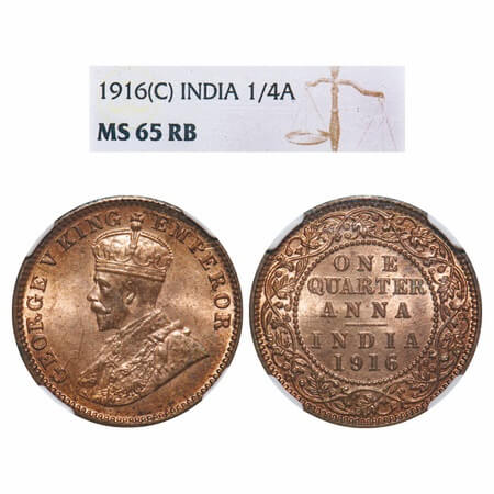 George V, Bronze, Quarter Anna, 1916, Calcutta Mint, No dot. F. Prid 661. GK 1175. NGC Sla