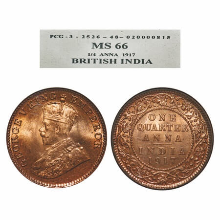 George V, Bronze, Quarter Anna, 1917, Calcutta Mint, No dot. F. Prid 662. GK 1176. PCG Sla