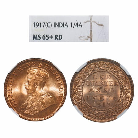 George V, Bronze, Quarter Anna, 1917, Calcutta Mint, No dot. F. Prid 662. GK 1176. NGC Sla