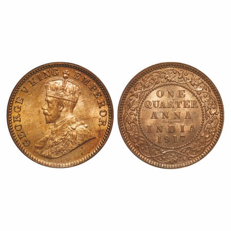 George V, Bronze, Quarter Anna, 1917, Calcutta Mint, No dot. F. Prid 662. GK 1176. Mint St