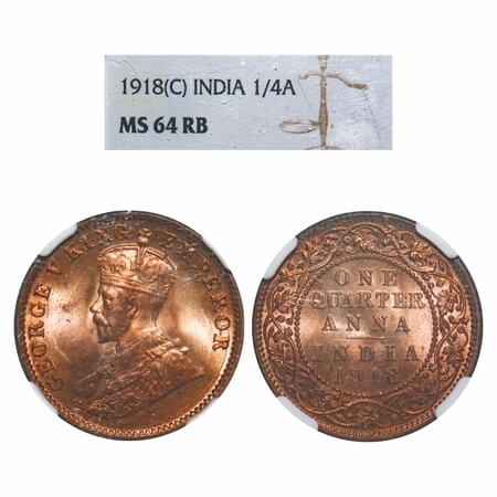 George V, Bronze, Quarter Anna, 1918, Calcutta Mint, No dot. F. Prid 663. GK 1177. NGC Sla