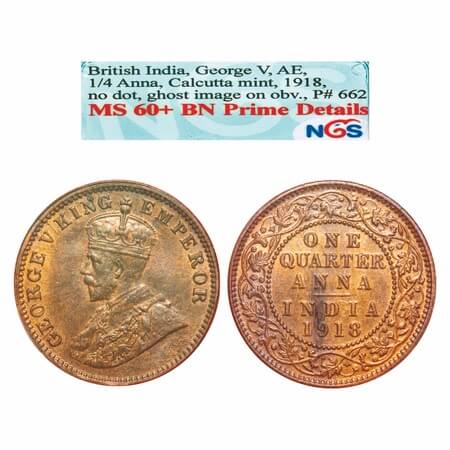 George V, Bronze, Quarter Anna, 1918, Calcutta Mint, No dot, Ghost on Obv written on the s