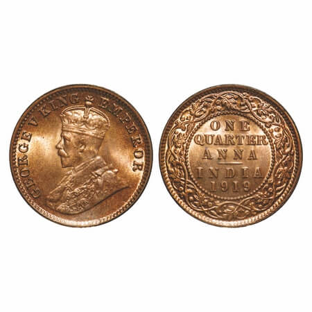George V, Bronze, Quarter Anna, 1919, Calcutta Mint, No dot. F. Prid 664. GK 1178. Uncircu
