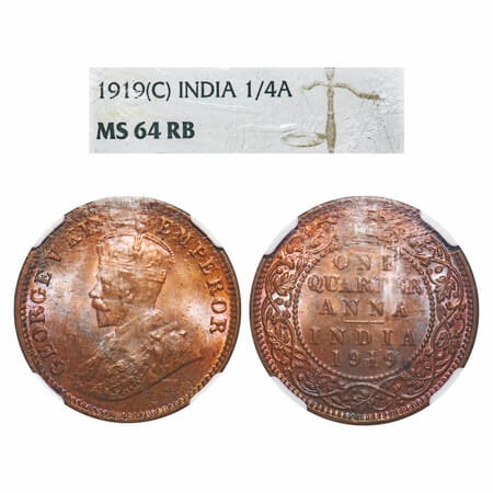 George V, Bronze, Quarter Anna, 1919, Calcutta Mint, No dot. F. Prid 664. GK 1178. NGC Sla