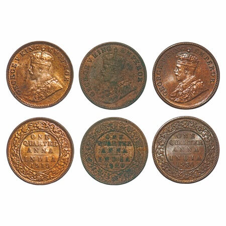 George V, Bronze, Quarter Anna, (3 coins), 1919, 1920, 1930, Calcutta Mint, No dot. F. Pri