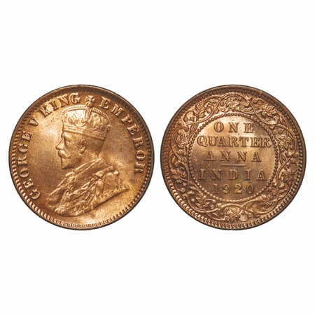 George V, Bronze, Quarter Anna, 1920, Calcutta Mint, No dot. F. Prid 665. GK 1179. Mint St