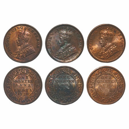 George V, Bronze, Quarter Anna, (3 coins), 1920, 1930, 1933, Calcutta Mint, No dot. F. Pri