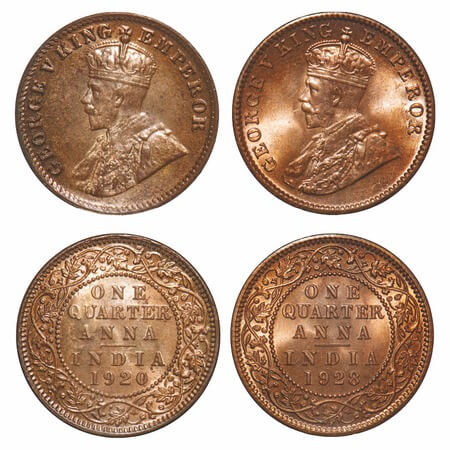George V, Bronze, Quarter Anna, (2 coins), 1920, 1928, Calcutta Mint, No dot. F. Prid 665,