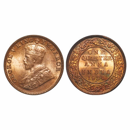 George V, Bronze, Quarter Anna, 1924, Bombay Mint, Dot. F. Prid 677. GK 1180. Brilliant Un