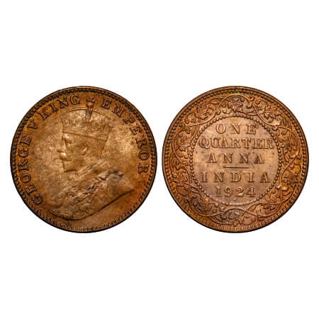 George V, Bronze, Quarter Anna, 1924, Bombay Mint, Dot. F. Prid 677. GK 1180. Uncirculated