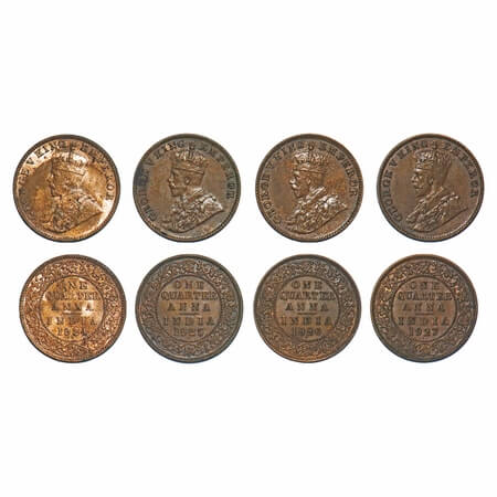 George V, Bronze, Quarter Anna, (4 coins), 1924, 1925, 1926, 1927, Bombay Mint, Dot. F. Pr