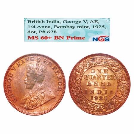George V, Bronze, Quarter Anna, 1925, Bombay Mint, Dot. F. Prid 678. GK 1181. NGS Slabbed 
