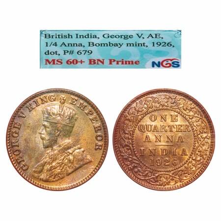 George V, Bronze, Quarter Anna, 1926, Bombay Mint, Dot. F. Prid 679. GK 1183. NGS Slabbed 