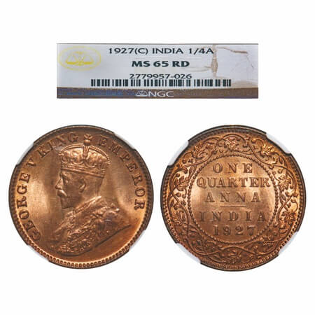 George V, Bronze, Quarter Anna, 1927, Calcutta Mint, No dot. F. Prid 668. GK 1186. NGC Sla