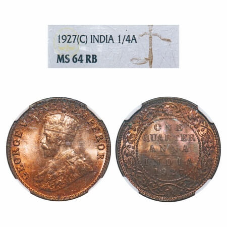 George V, Bronze, Quarter Anna, 1927, Calcutta Mint, No dot. F. Prid 668. GK 1186. NGC Sla