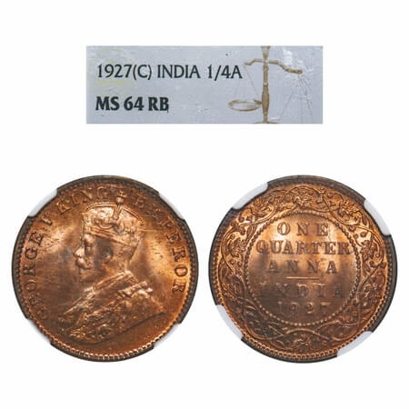 George V, Bronze, Quarter Anna, 1927, Calcutta Mint, No dot. F. Prid 668. GK 1186. NGC Sla