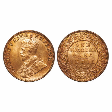 George V, Bronze, Quarter Anna, 1928, Bombay Mint, Dot. F. Prid 681. GK 1187. Brilliant Un