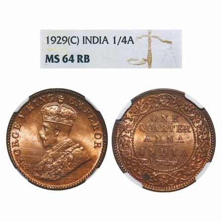 George V, Bronze, Quarter Anna, 1929, Calcutta Mint, No dot. F. Prid 670. GK 1189. NGC Sla