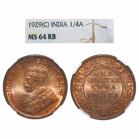 George V, Bronze, Quarter Anna, 1929, Calcutta Mint, No dot. F. Prid 670. GK 1189. NGC Sla