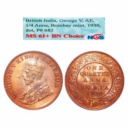 George V, Bronze, Quarter Anna, 1930, Bombay Mint, Dot. F. Prid 682. GK 1190. NGS Slabbed 