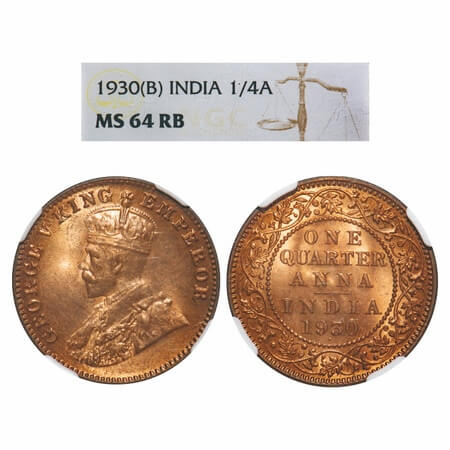 George V, Bronze, Quarter Anna, 1930, Bombay Mint, Dot. F. Prid 671. GK 1190. NGC Slabbed 