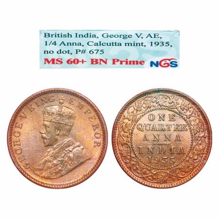 George V, Bronze, Quarter Anna, 1935, Calcutta Mint, No dot. F. Prid 675. GK 1195. NGS Sla