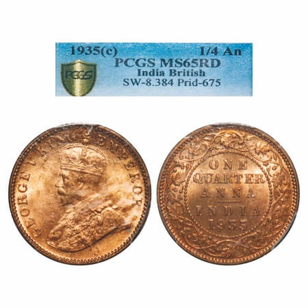 George V, Bronze, Quarter Anna, 1935, Calcutta Mint, No dot. F. Prid 675. GK 1195. PCGS Sl