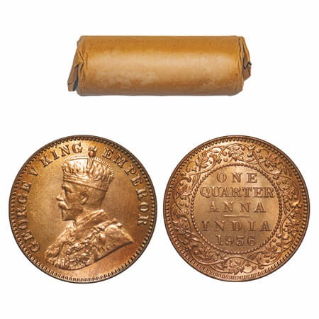 George V, Bronze, Quarter Anna, (Roll of 32 coins), 1936, Bombay Mint, Dot. 32 coins in im