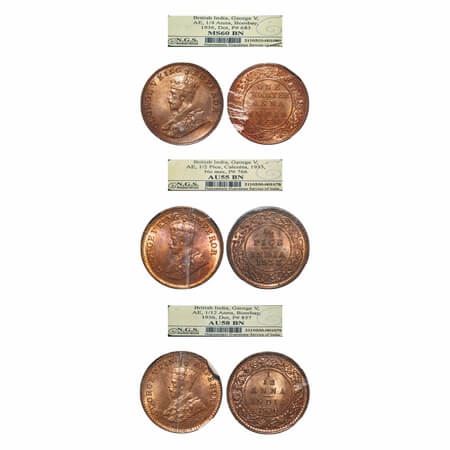George V, Bronze, (3 slabs), 1) Quarter Anna, 1936, Bombay Mint, Dot, 2) 1/2 Pice, 1933, c