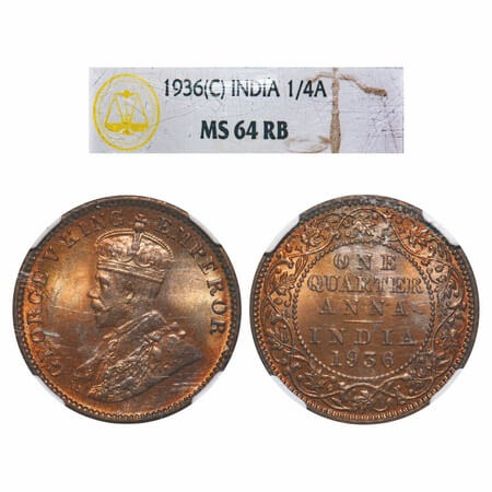 George V, Bronze, Quarter Anna, 1936, Calcutta Mint, No dot. F. Prid 676. GK 1197. NGC Sla