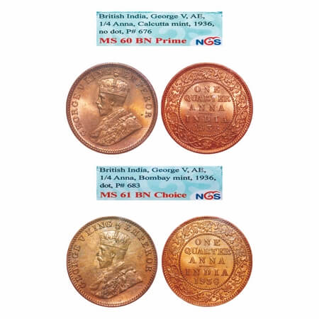 George V, Bronze, Quarter Anna, 1936, (2 slabs), 1) Bombay Mint, dot, 2) Calcutta Mint, No