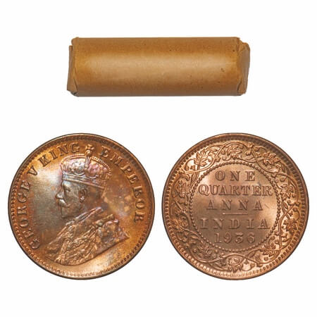 George V, Bronze, Quarter Anna, (Roll of 32 coins), 1936, Calcutta Mint. No dot. 32 coins 