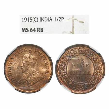 George V, Bronze, 1/2 Pice, 1915, Calcutta Mint, No mint mark. F. Prid 748. GK 1201. NGC S