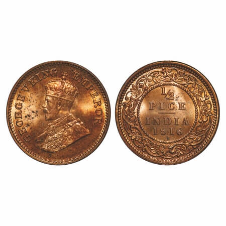 George V, Bronze, 1/2 Pice, 1916, Calcutta Mint, No mint mark. F. Prid 749. GK 1202. Brill