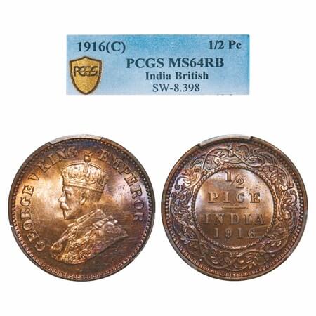 George V, Bronze, 1/2 Pice, 1916, Calcutta Mint, No mint mark. F. Prid 749. GK 1202. PCGS 