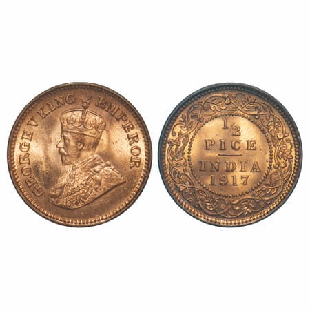 George V, Bronze, 1/2 Pice, 1917, Calcutta Mint, No mint mark. F. Prid 750. GK 1203. Brill