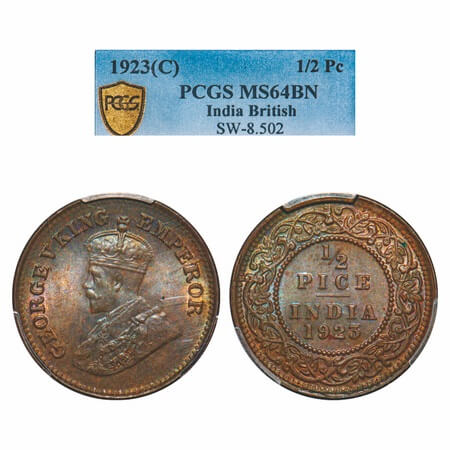 George V, Bronze, 1/2 Pice, 1923, Calcutta Mint, No mint mark. F. Prid 756. GK 1209. PCGS 