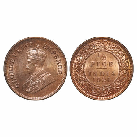George V, Bronze, 1/2 Pice, 1924, Calcutta Mint, No mint mark. F. Prid 757. GK 1210. Mint 