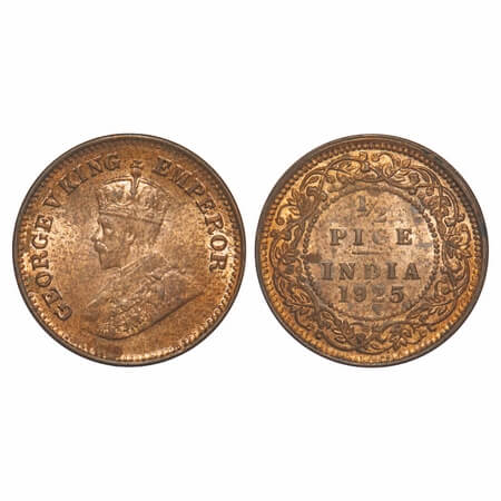 George V, Bronze, 1/2 Pice, 1925, Calcutta Mint, No mint mark. F. Prid 758. GK 1211. Uncir