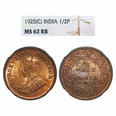 George V, Bronze, 1/2 Pice, 1925, Calcutta Mint, No mint mark. F. Prid 758. GK 1211. NGC S