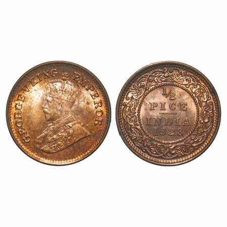 George V, Bronze, 1/2 Pice, 1928, Calcutta Mint, No mint mark. F. Prid 761. GK 1214. Mint 