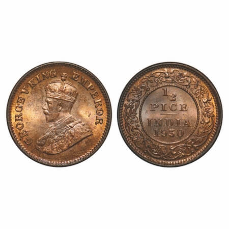 George V, Bronze, 1/2 pice, 1930, Calcutta Mint, No mint mark. F. Prid 763. GK 1216. Uncir
