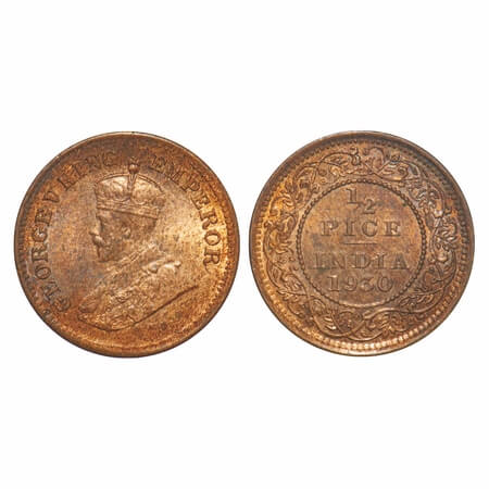 George V, Bronze, 1/2 pice, 1930, Calcutta Mint, No mint mark. F. Prid 763. GK 1216. Brill
