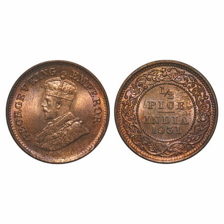George V, Bronze, 1/2 Pice, 1931, Calcutta Mint, No mint mark. F. Prid 764. GK 1217. Mint 