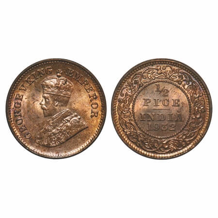 George V, Bronze, 1/2 Pice, 1932, Calcutta Mint, No mint mark. F. Prid 765. GK 1218. Mint 