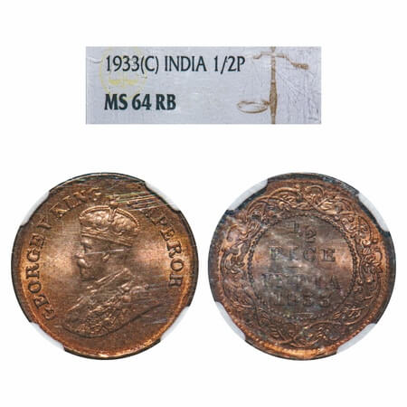 George V, Bronze, 1/2 Pice, 1933, Calcutta Mint, No mint mark. F. Prid 766. GK 1219. NGC S