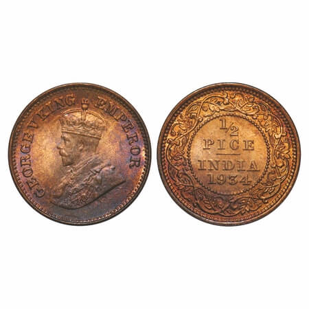 George V, Bronze, 1/2 Pice, 1934, Calcutta Mint, No mint mark, Ghost on Rev. F. Prid 767. 