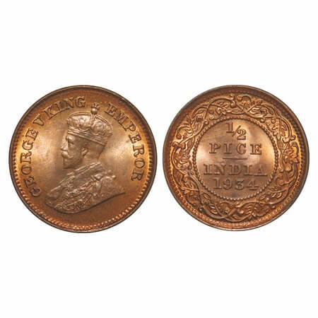 George V, Bronze, 1/2 pice, 1934, Calcutta Mint, No mint mark. F. Prid 767. GK 1220. Mint 