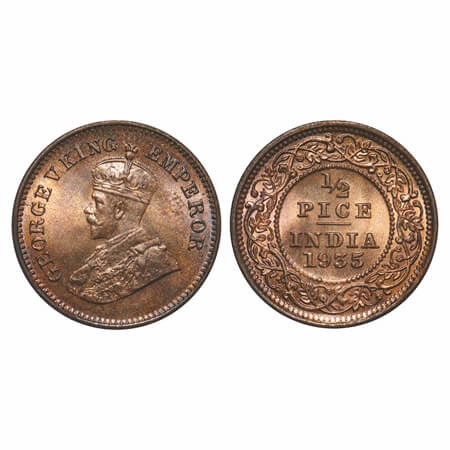 George V, Bronze, 1/2 Pice, 1935, Calcutta Mint, No mint mark. F. Prid 768. GK 1221. Mint 